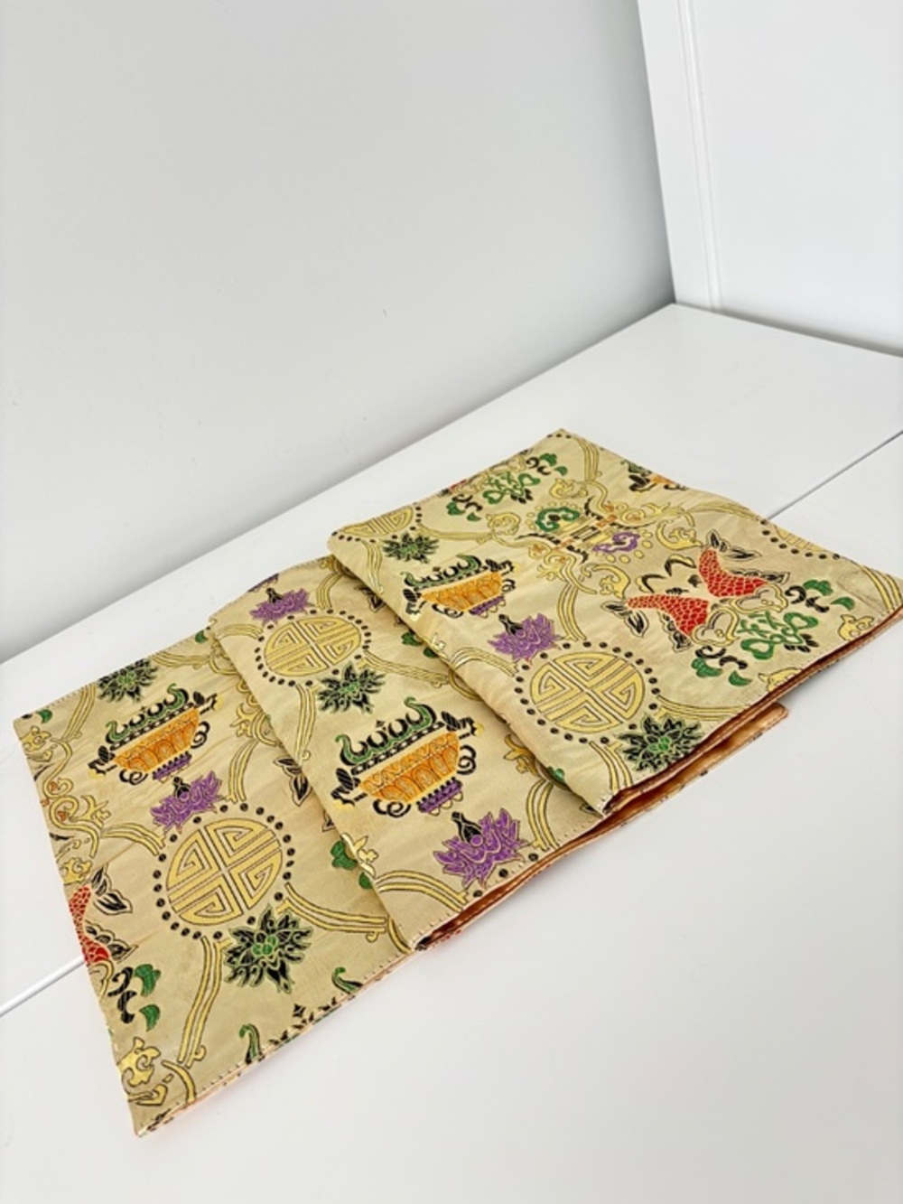 SET of THREE vintage Asian inspired satin placemats gold green purple 16"x12"
